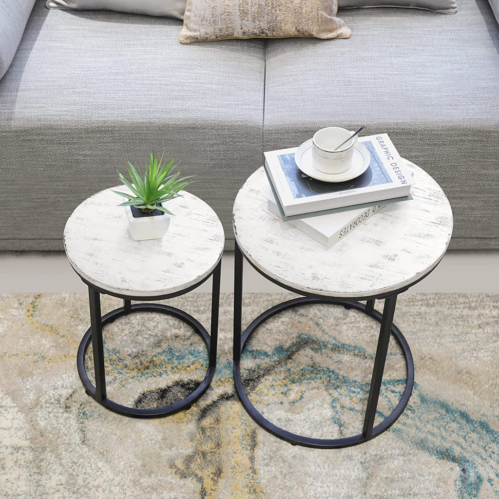 Industrial Round Nesting Tables with Steel Frames – Set of 2