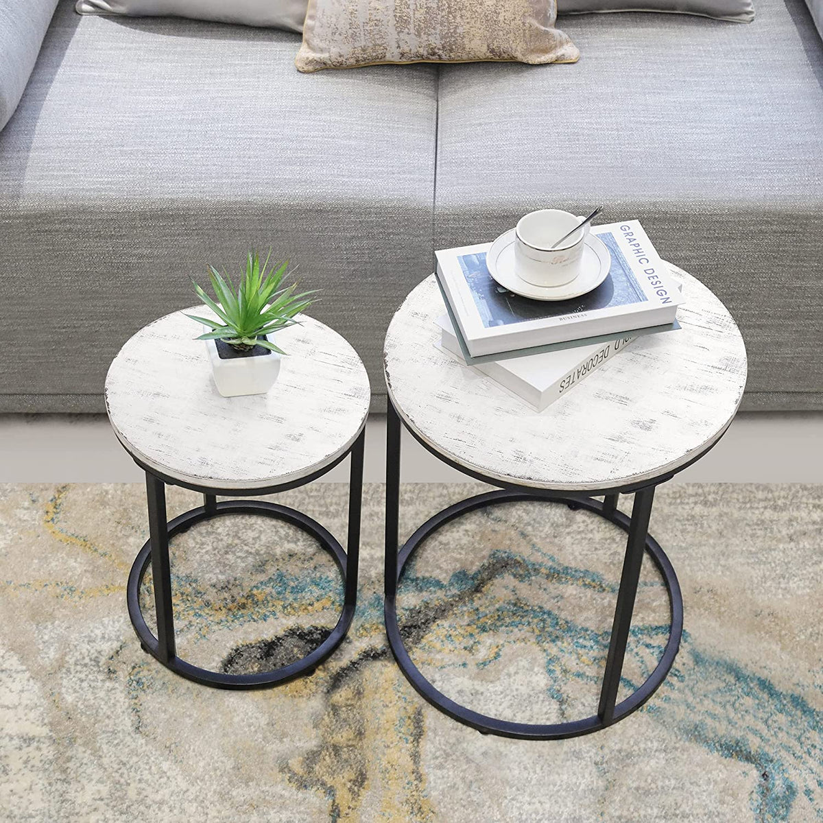 Industrial Round Nesting Tables with Steel Frames – Set of 2
